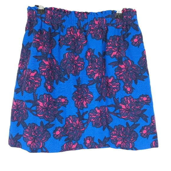 J.CREW Flare A Line Skirt Linen Blue Floral Pull On Stretch Waist Lined - Picture 1 of 5
